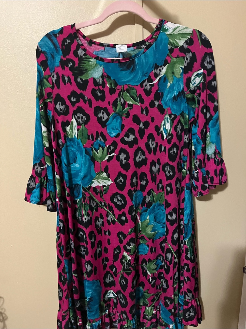 Floral Leopard Print Midi Dress in Magenta and Teal